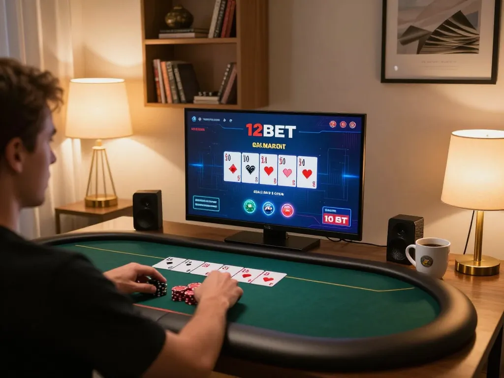 Person engaging in a 12bet online poker game on a cozy home gaming setup.