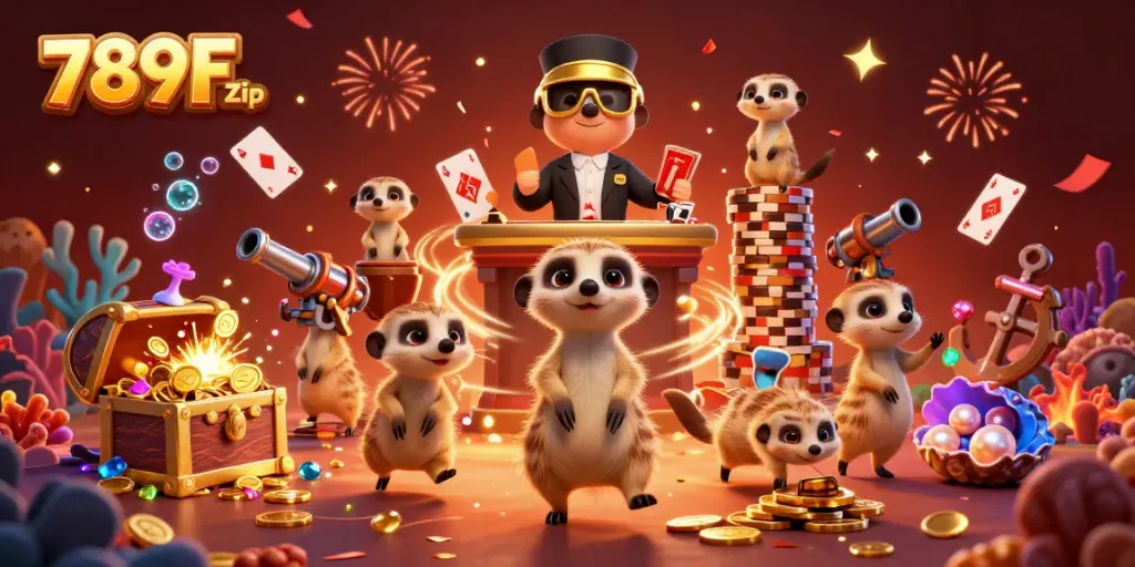Experience the vibrant casino fun with 789F Zip as meerkats delight in a joyful gaming adventure.