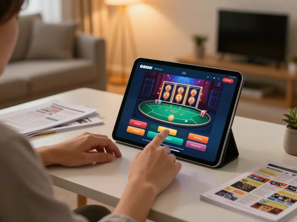 Player enjoying poker on 8day app in a cozy home setup with strategy notes and tablet.