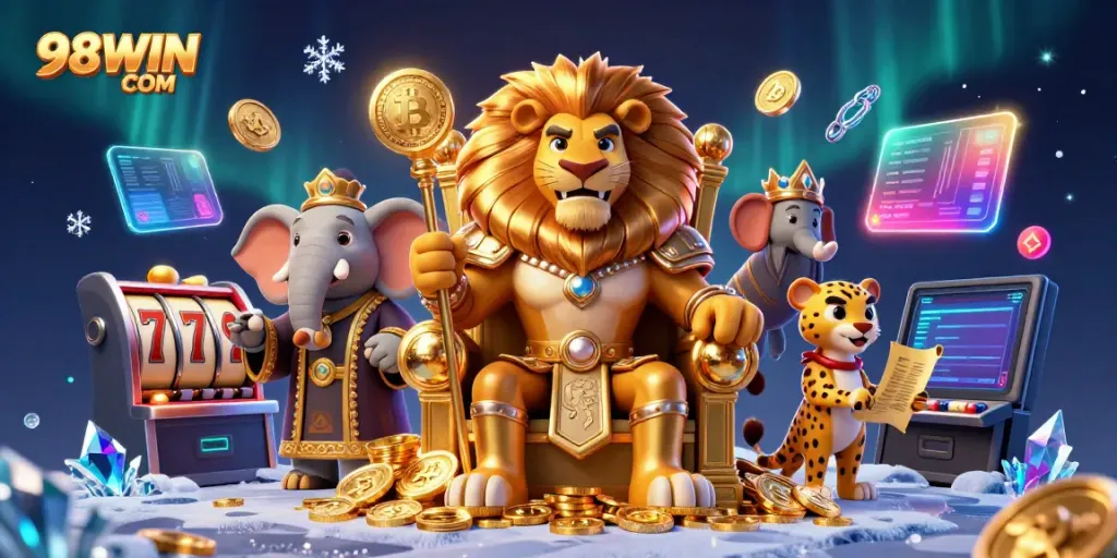 Engage in exciting gameplay at 98WIN COM, featuring a fierce lion king and vibrant slot machine elements.
