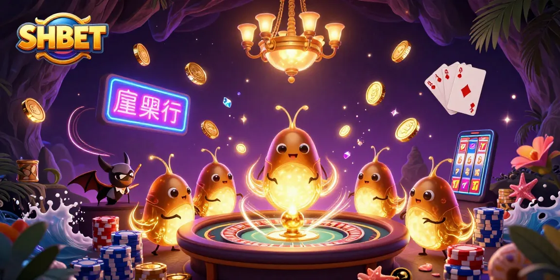 SHBET glowworms illuminate a vibrant casino scene full of cascading coins and gaming excitement.