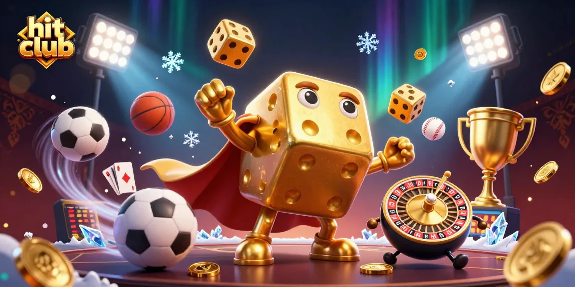 Experience thrilling wins at hit club with an energetic 3D casino illustration of golden dice and dynamic game elements.
