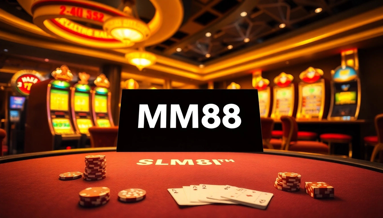 Engaging MM88 gaming interface showcasing a luxurious casino scene with cards and slot machines.
