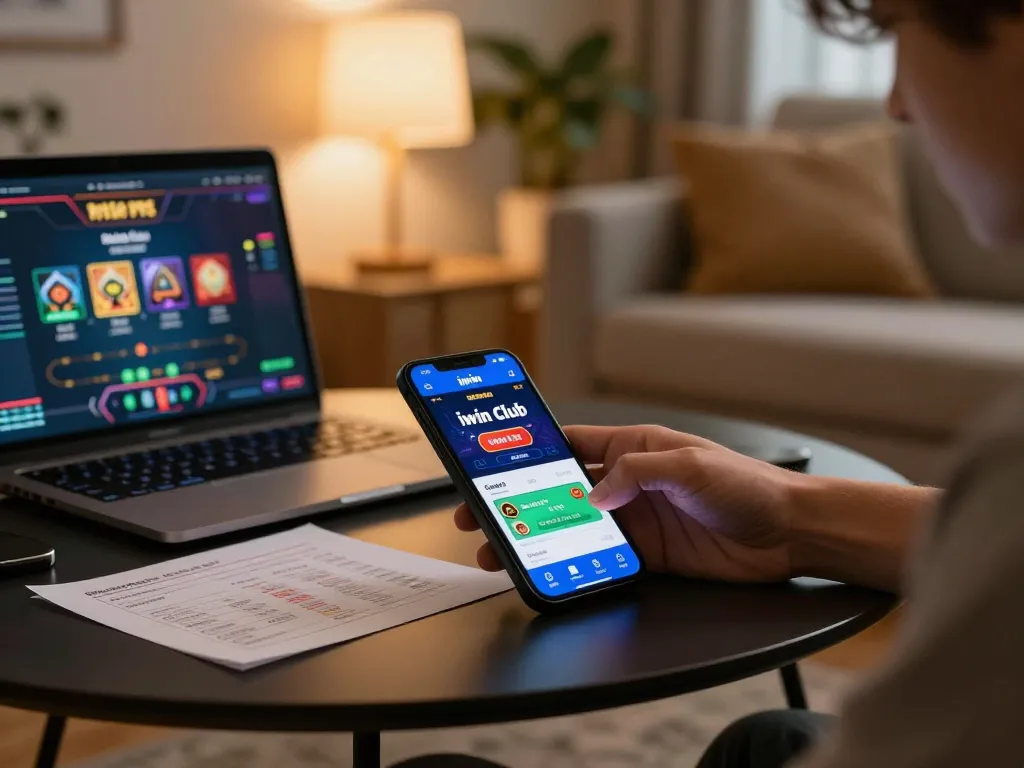 Engaging in the iwin club app for strategic mobile gaming with betting notes nearby.