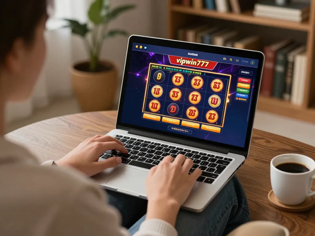 Engaging with vipwin777 online casino platform in a cozy home environment.