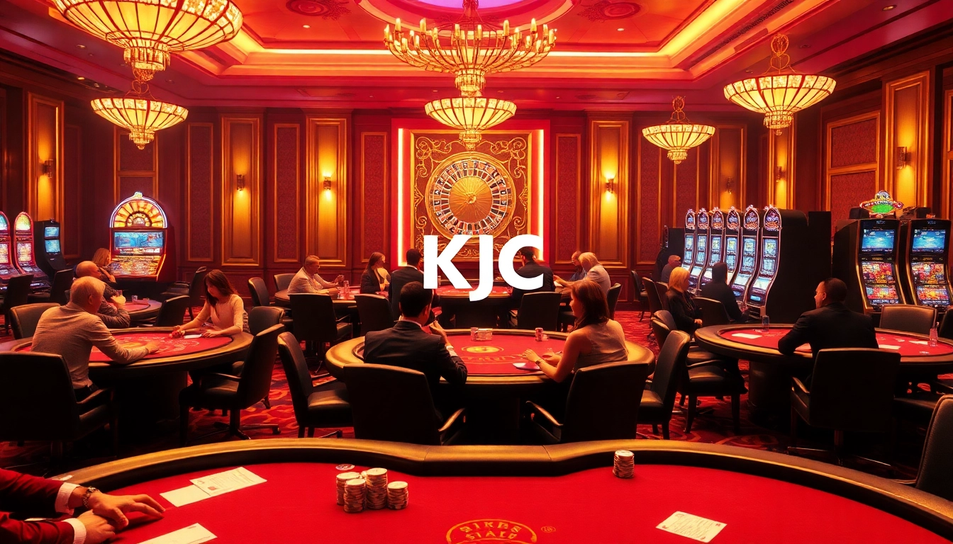 Experience the thrill of gambling at KJC's elegant casino featuring vibrant gaming tables and a roulette wheel.