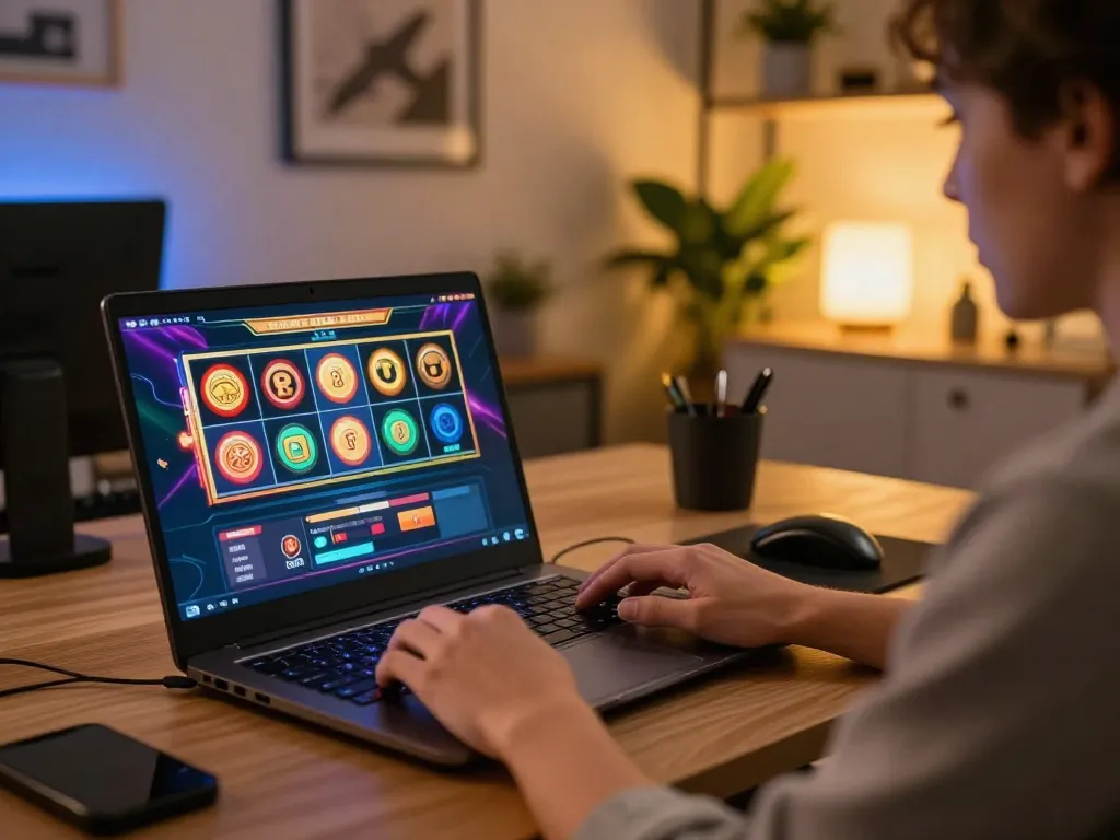 Engaging in exciting online gaming with SHBET on a sleek laptop in a cozy home setup, showcasing dynamic gameplay.