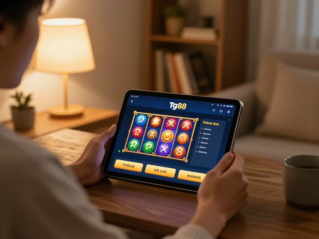 Engaging with the tg88 link online casino app on a tablet in a relaxed home environment.