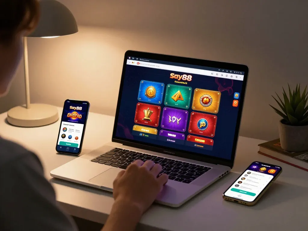 Engaging in online casino gameplay on Say88 platform with a relaxed home setup.