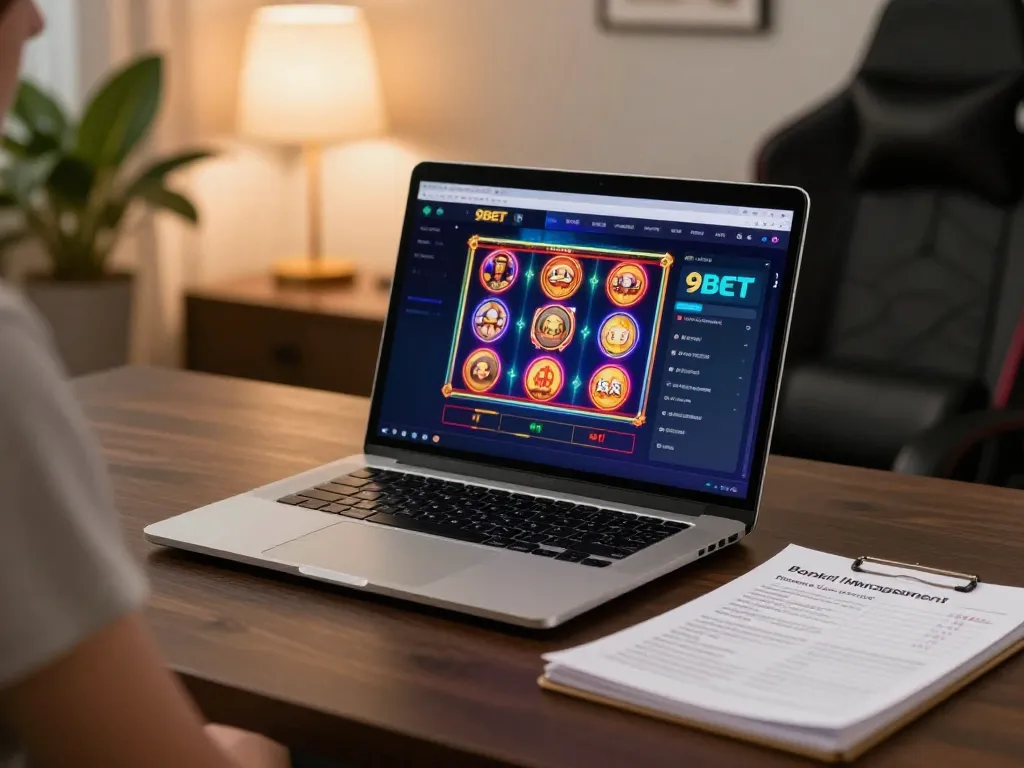 Enjoying 9BET online casino gaming strategy at a cozy home setup with a laptop and notebook.