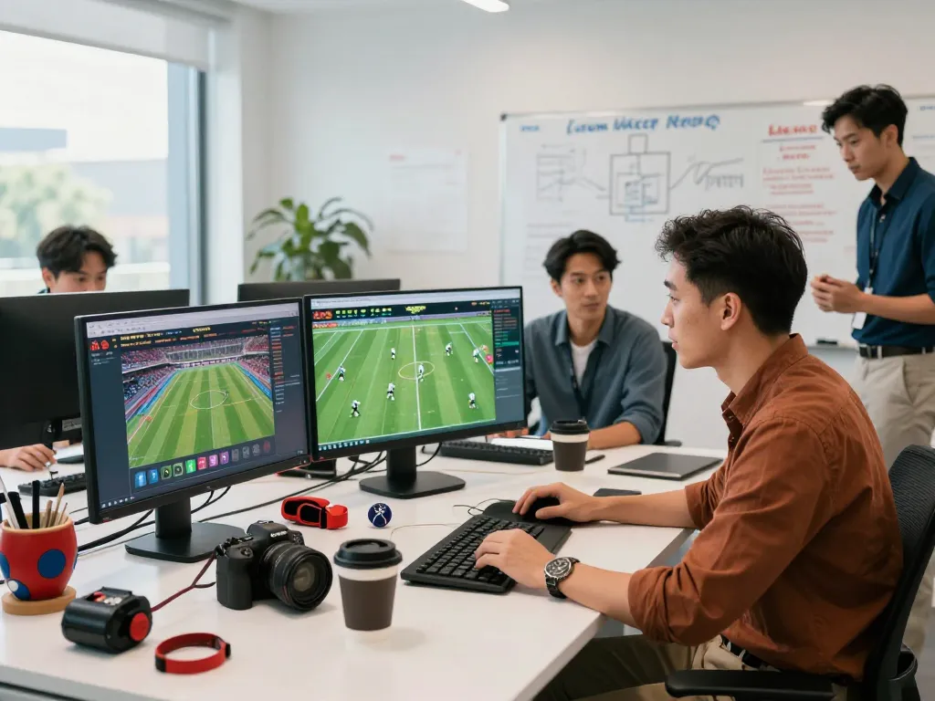 7M sports analysts collaborating in a vibrant office, live football scores and analytics displayed on screens.