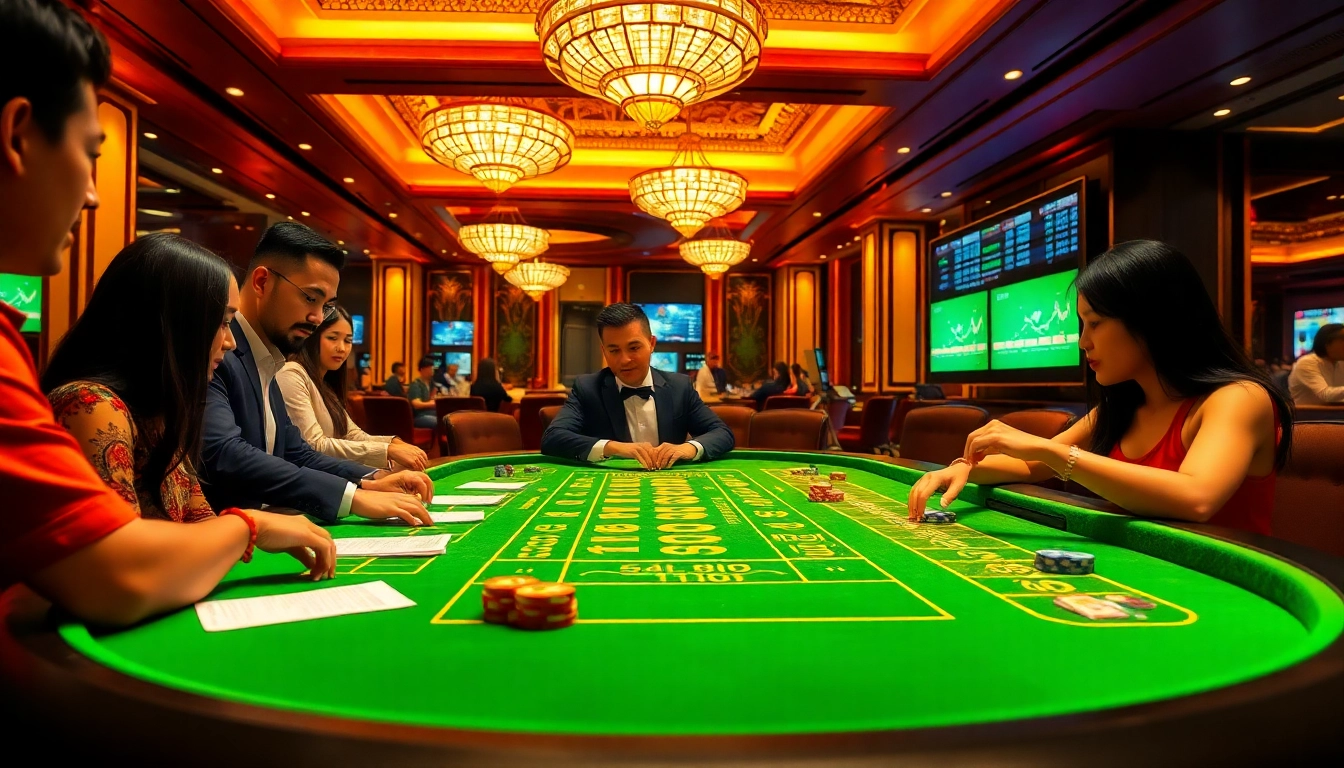 Xóc đĩa không vào được at a vibrant casino table with excited players and colorful chips.
