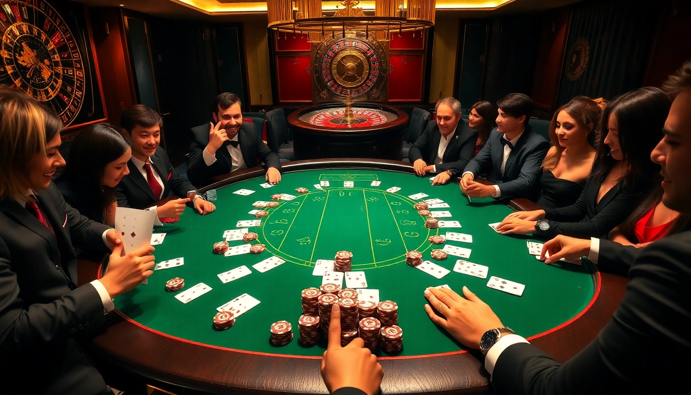 Players engaging in strategic poker at bl555.casino with vibrant casino atmosphere.