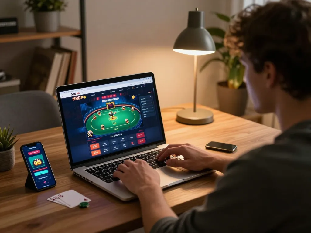 Engaging user interacting with 888top homepage for online gaming strategies.