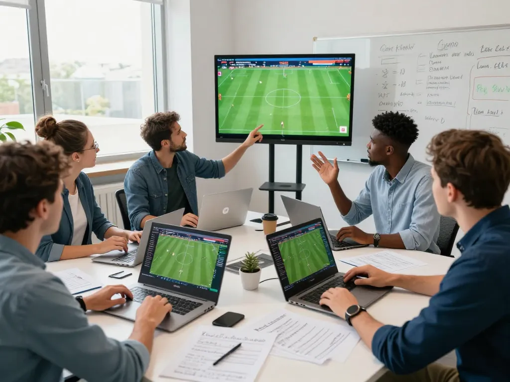 Sports analysts at 1gom discussing football odds and strategies in a vibrant office.