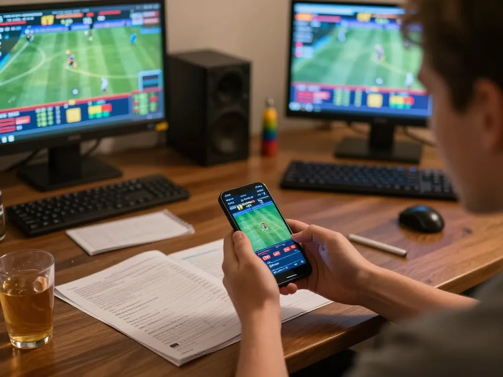 Engaging in sports betting on fabet with smartphone and strategy notes in cozy home