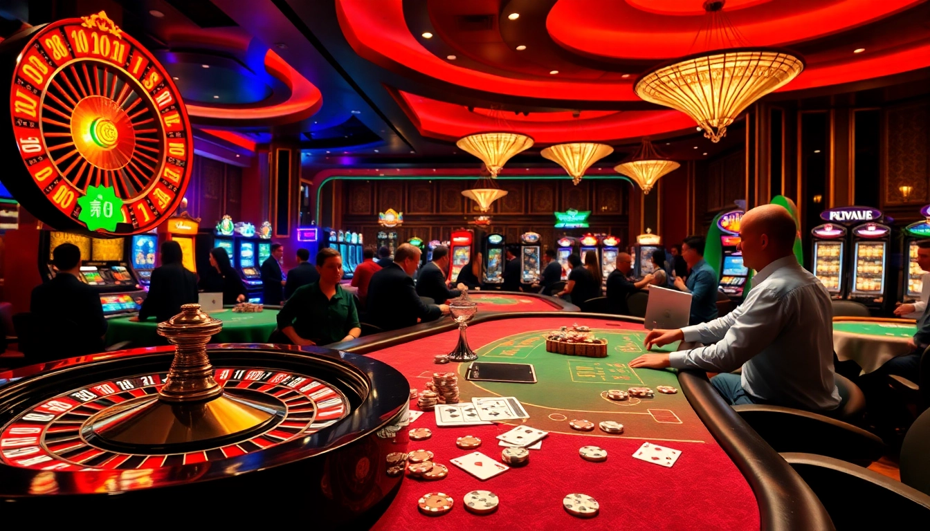 Stunning casino scene showcasing vibrant gaming tables and roulette wheel at nhà cái uy tín ở việt nam.