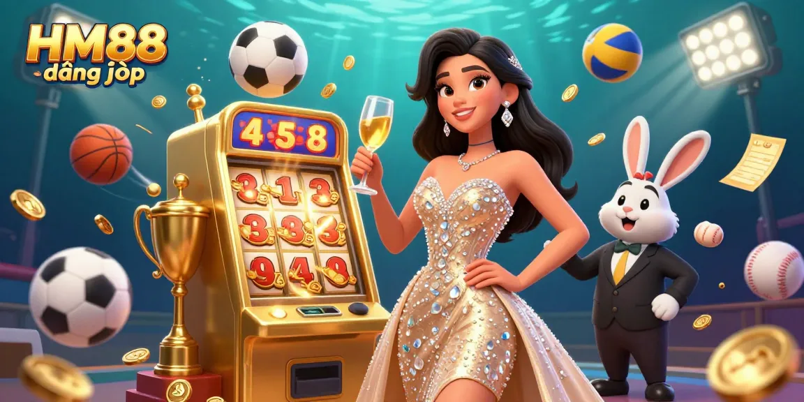 Engage in thrilling gameplay at HM88 đăng nhập with a glamorous scene featuring a jackpot slot machine and lively sports elements.