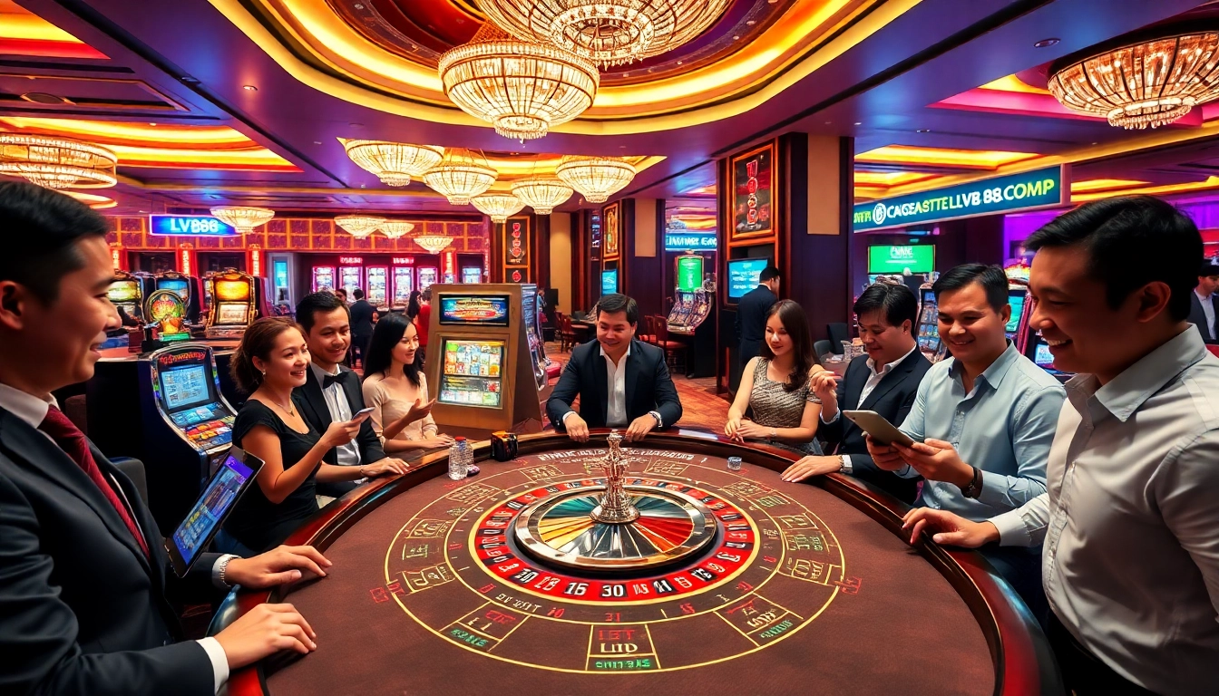 Experience the thrill of gambling at LV88 with Baccarat tables and vibrant casino elements.
