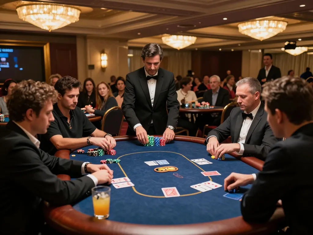 Players strategizing in a high-stakes poker game at zbett casino, vibrant colors and luxurious atmosphere.
