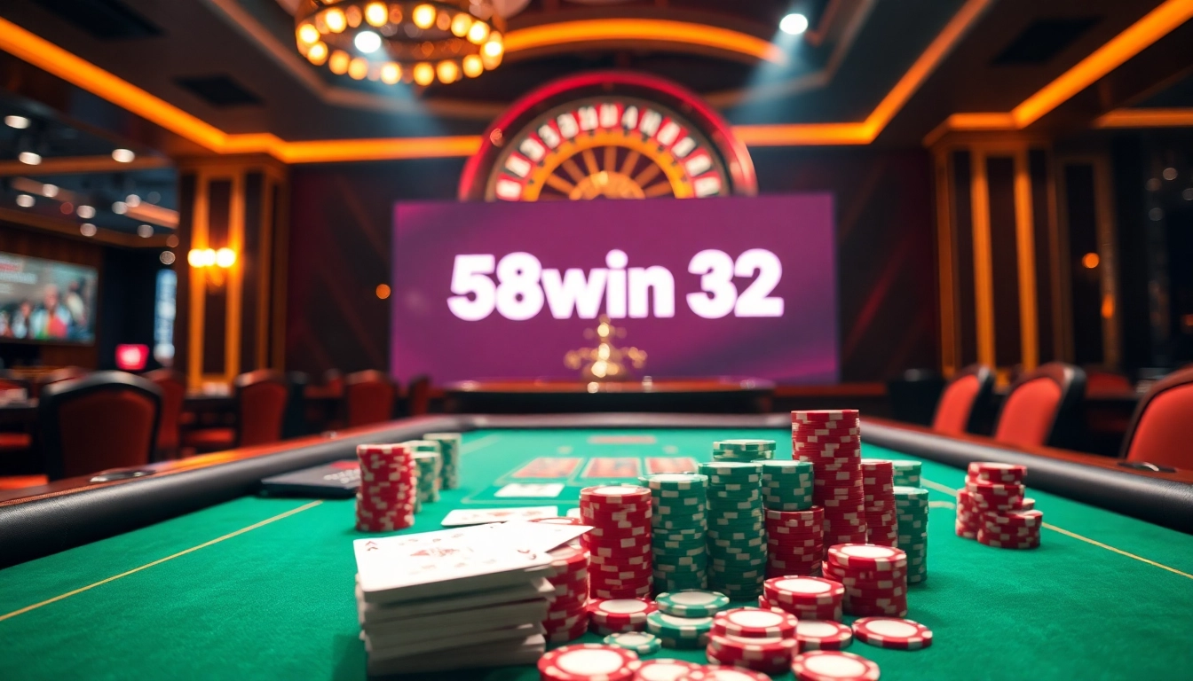 Experience the luxury of "58win 32" in an upscale casino with vibrant poker chips and an elegant roulette wheel.