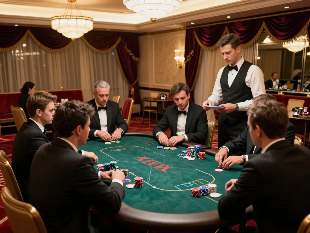 KUBET players engaged in high-stakes poker in a luxurious VIP casino room showcasing strategic gameplay and skill