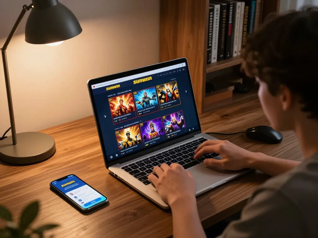 Person enjoying a dynamic gaming session on sunwin's online casino platform at home, with a laptop displaying game interface.