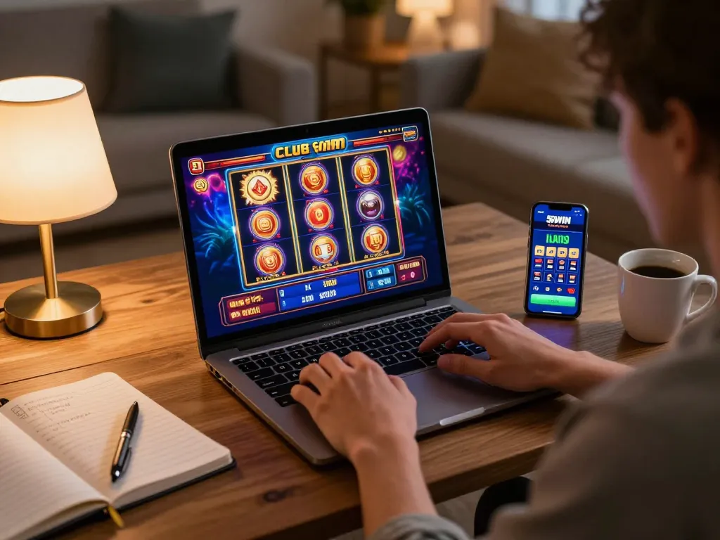 Player enjoying engaging online gaming experience with the 56WIN casino app on a laptop in a cozy living room.