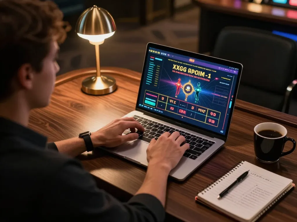Player engaging with XXGG online casino, strategically betting on a laptop in a modern setting.
