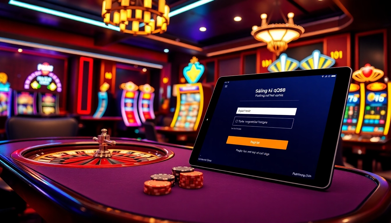 Engaging visual of "đăng ký qq88" registration with elements of a luxurious casino environment.