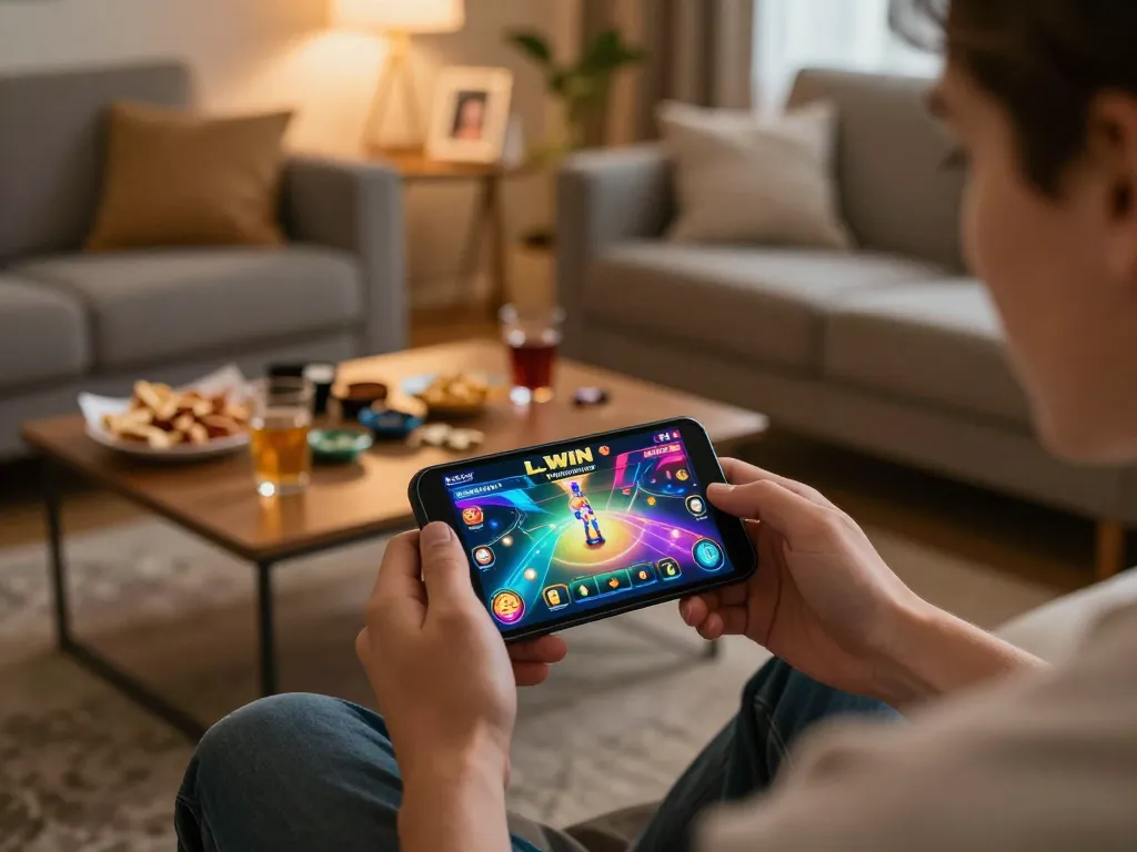 Engaging player enjoying LLWIN online casino app on smartphone in cozy home setting