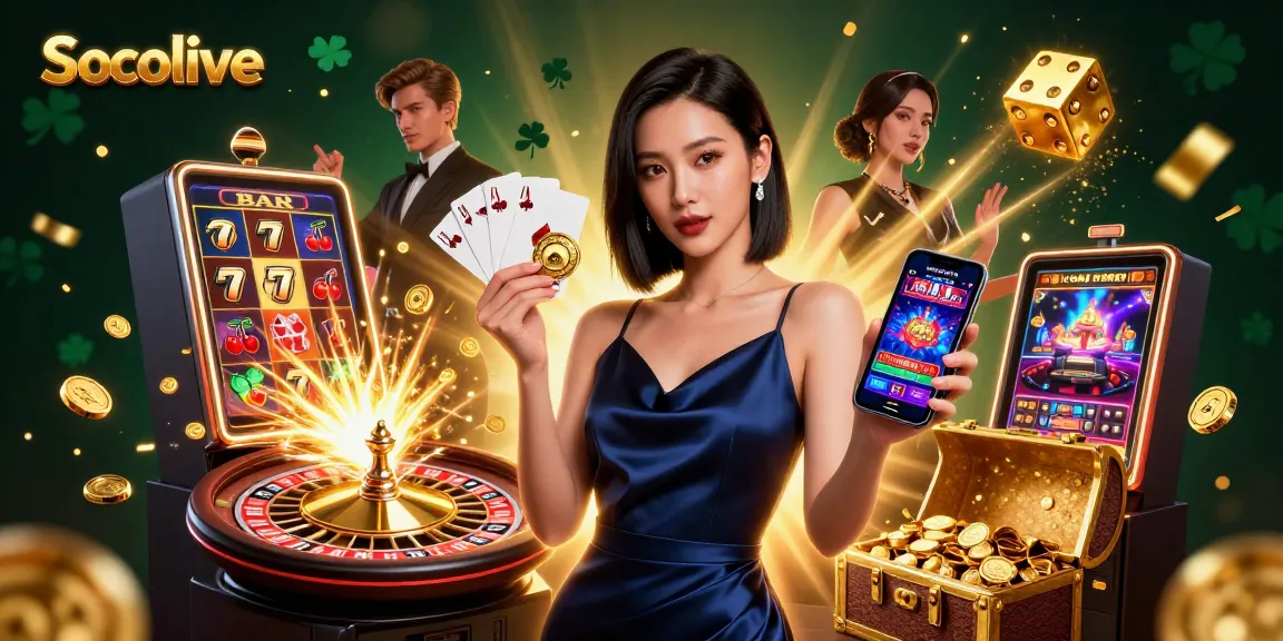 Socolive offers a unique gambling experience with vibrant illustrations, showcasing a confident woman engaging with casino games and elements.