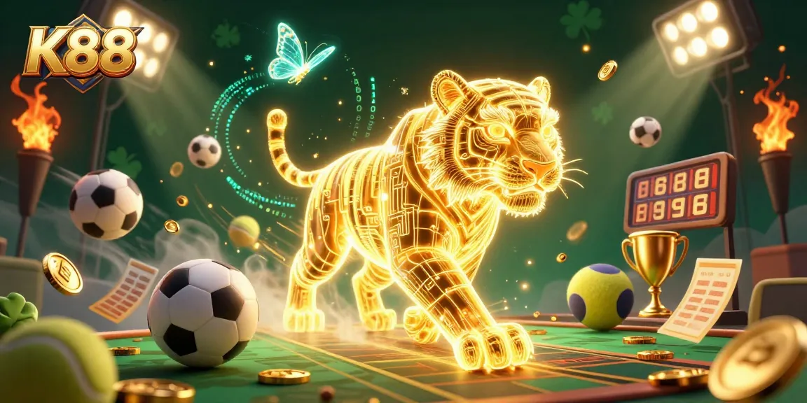 K88 enhances your gaming experience with a captivating golden tiger amidst dynamic casino elements.