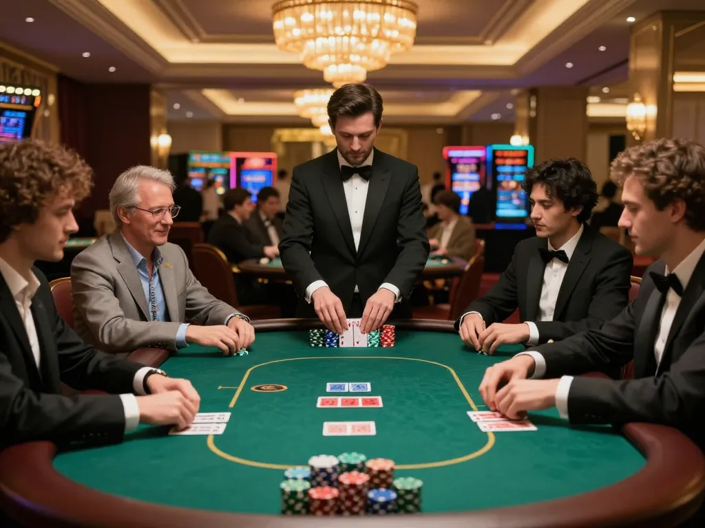 789win players engaged in tense poker showdown at upscale casino table, chips and cards visible.