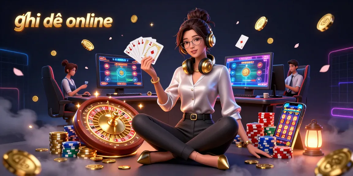 Engage in ghi đề online with a stylish Asian woman gaming amidst vibrant casino elements