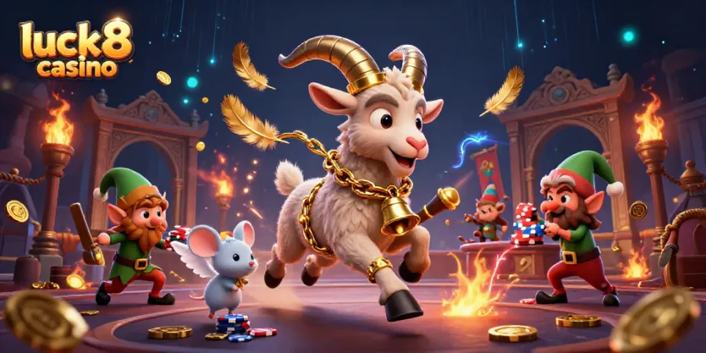Experience the thrill of playing at luck8 casino with festive characters in a vibrant casino scene.