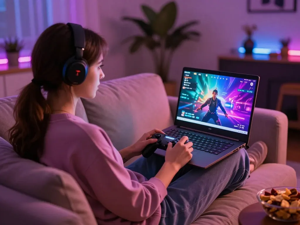 Engaged gamer enjoying interactive porn games on her laptop in a cozy space.