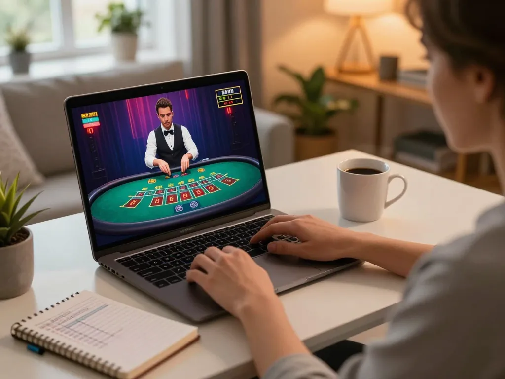 Engaging in online gambling at home using a laptop, nhacaiuytinn strategies visible in the notepad.