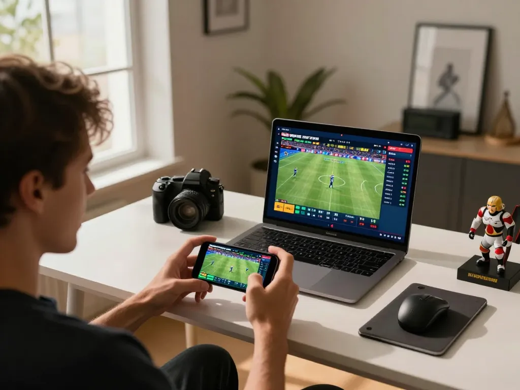 Betting on live sports with bsport app on smartphone, showcasing excitement in a modern home office