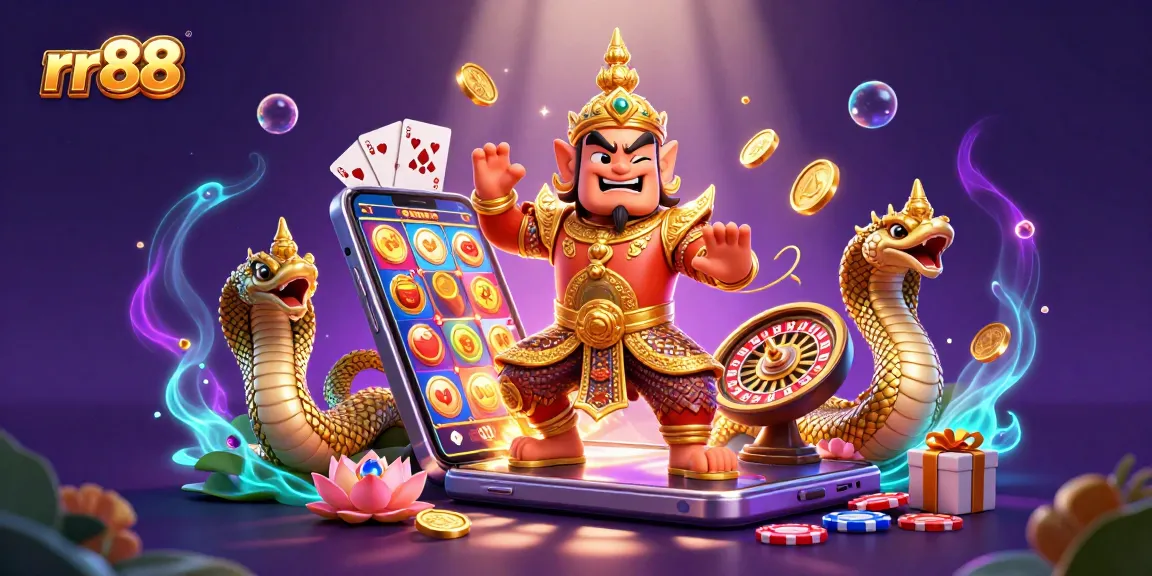 Engage with rr88 at this vibrant 3D casino scene featuring a friendly yaksha guardian surrounded by exciting game elements.