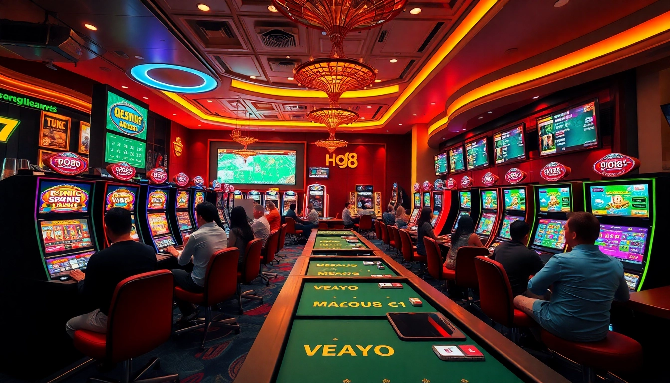Dynamic gambling scene featuring Ho88 players engaging in various games at a vibrant virtual casino.