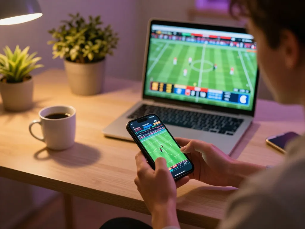 Person placing live sports bets on smartphone while viewing football scores on laptop, bongdalu experience.
