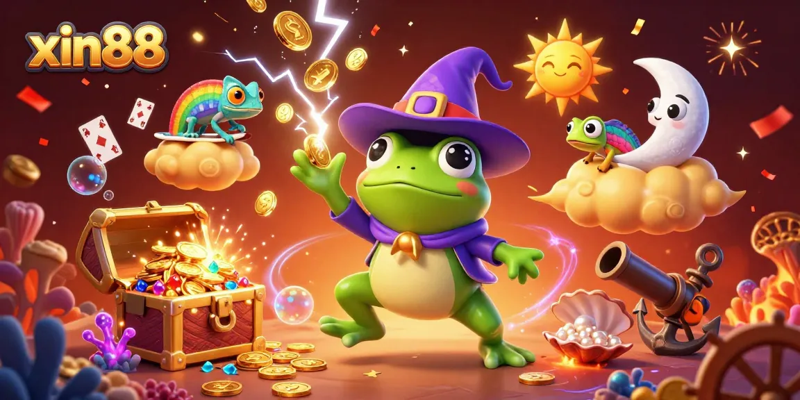 Experience excitement with xin88 as a cartoon wizard frog creates a golden coin storm in this dynamic digital illustration.
