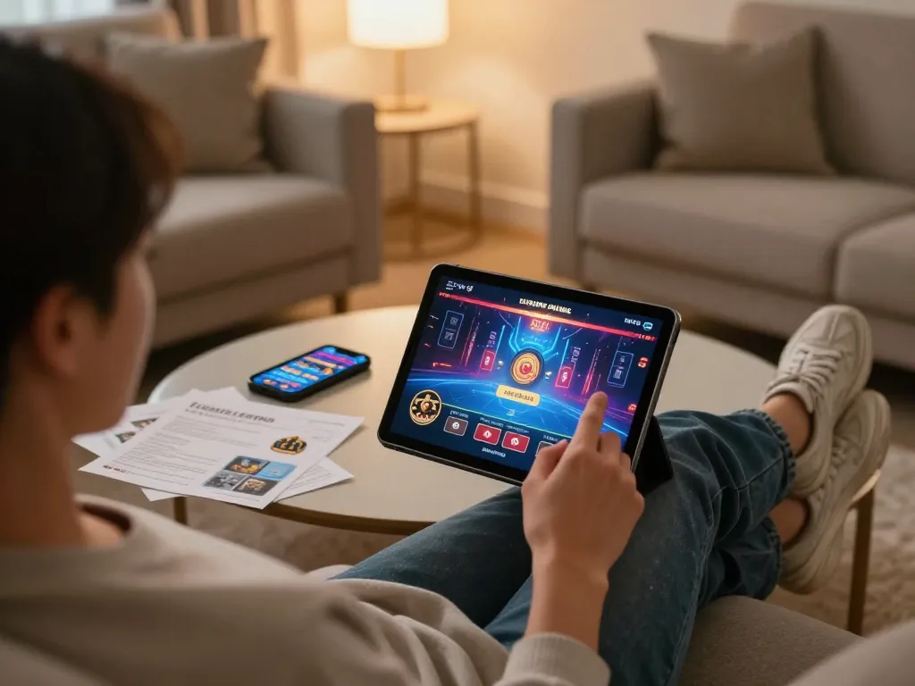 Person enjoying online gaming on a tablet at home, showcasing the 88vv platform in a cozy setting.