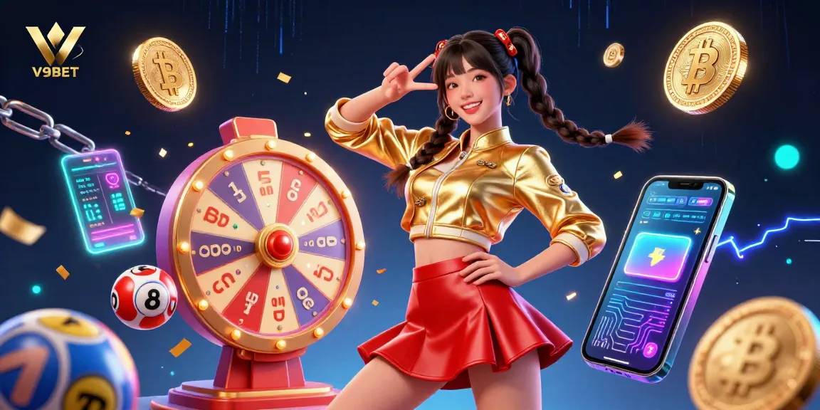 Experience the excitement of V9BET with vibrant 3D illustrations showcasing casino games and promotions.