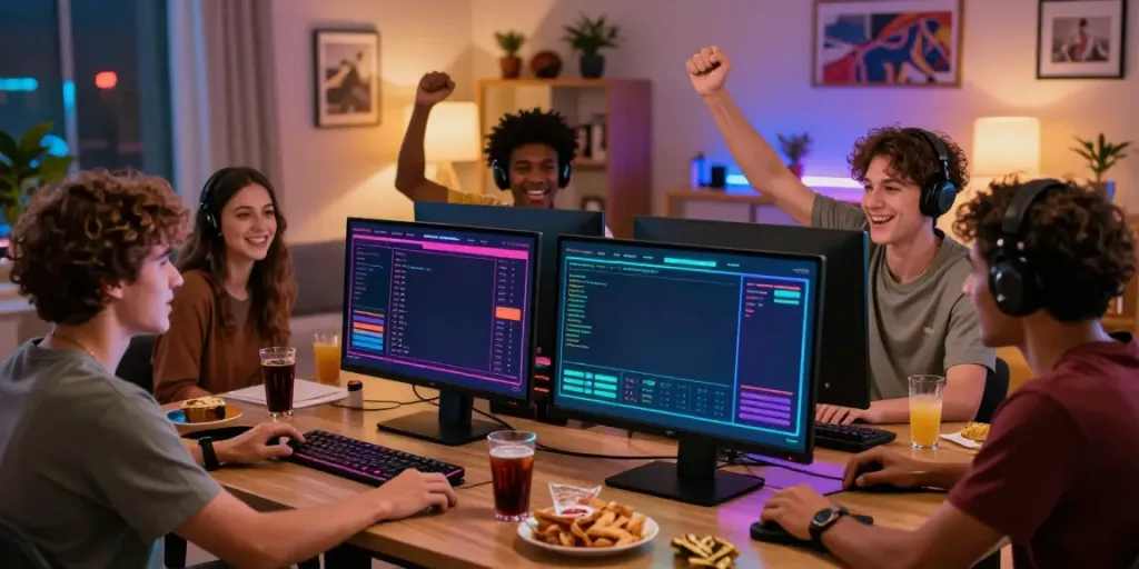 Group celebrating sports victory while engaging with five88 platform in a cozy living room.
