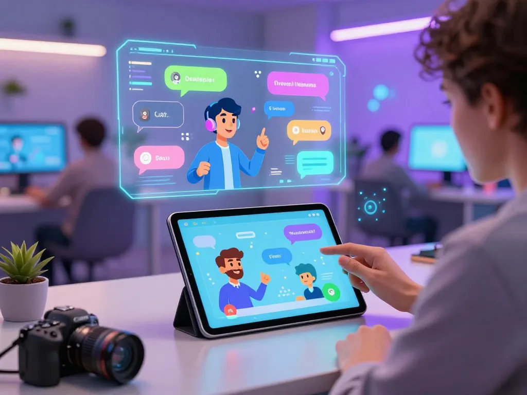 Interactive chat experience with Crushon AI character on tablet in futuristic workspace
