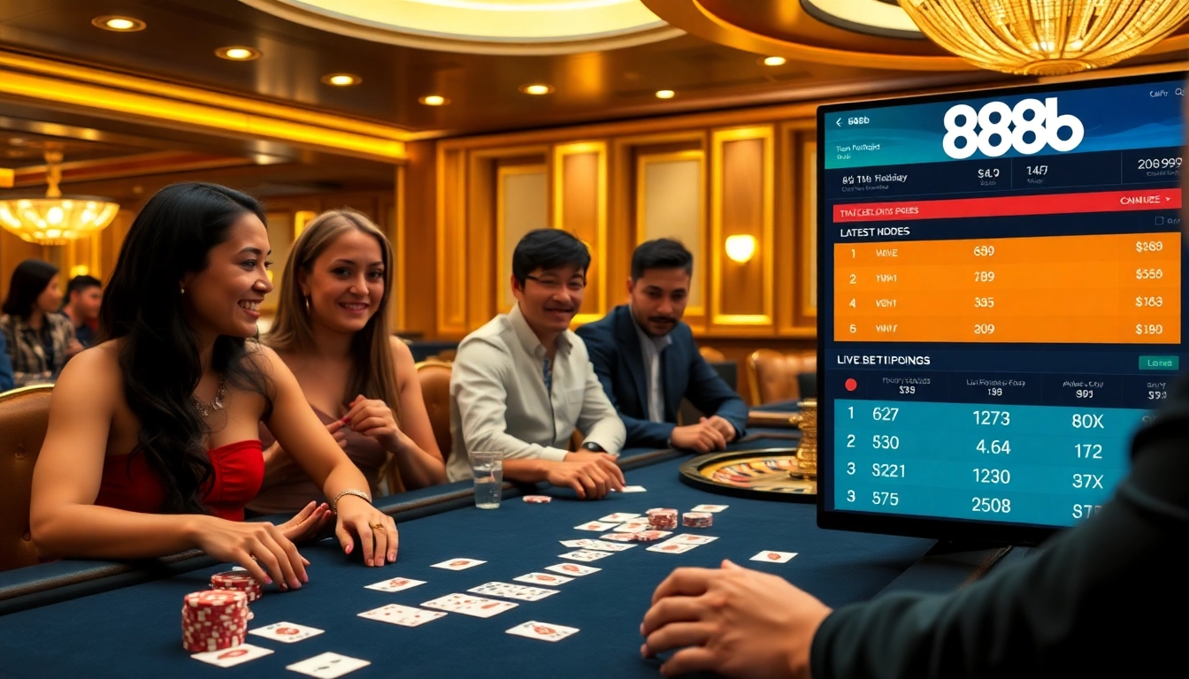 Engaged players enjoying a thrilling poker game at 888b with chips and cards on the table.