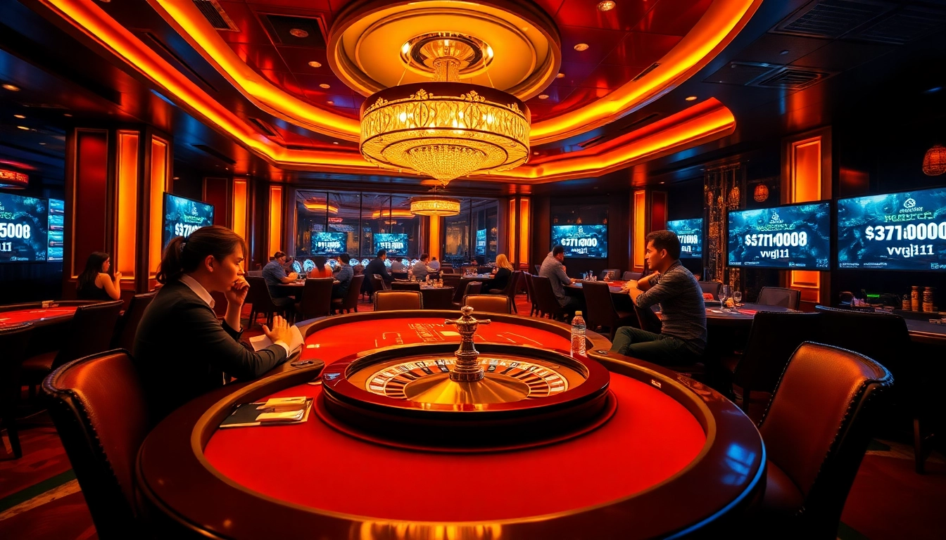 Exciting scene of gamblers at a casino with vvjl 11 promotions prominently featured.