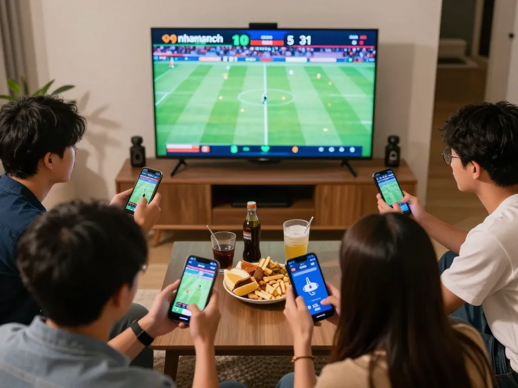 Friends engaging in sports betting with nhandinhkeonhacai on their smartphones in a lively home setting
